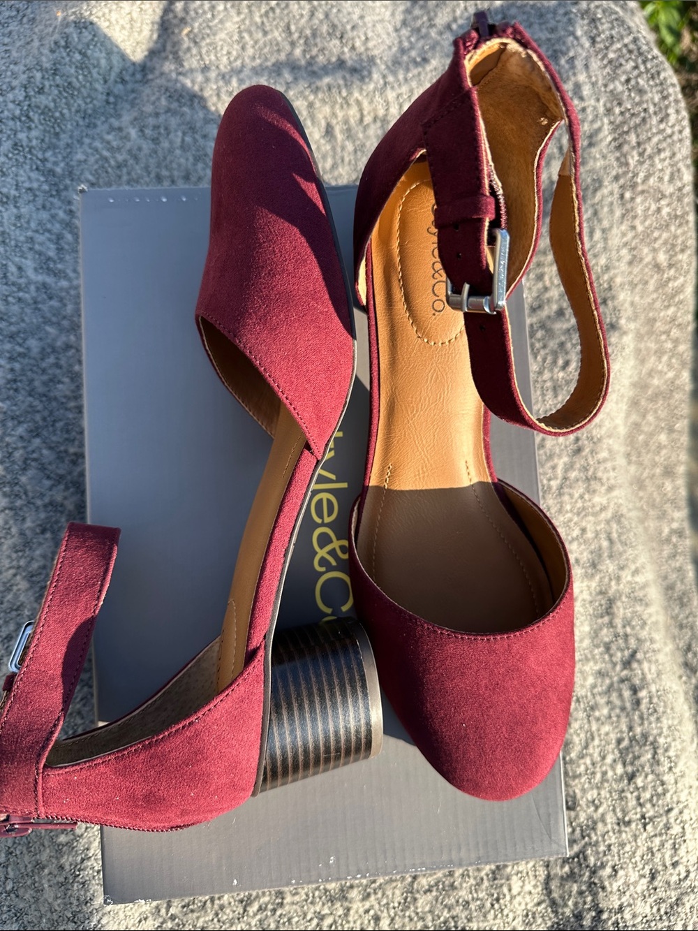 Style & Co. Burgundy Suede Block Heel Sandals with Ankle Strap